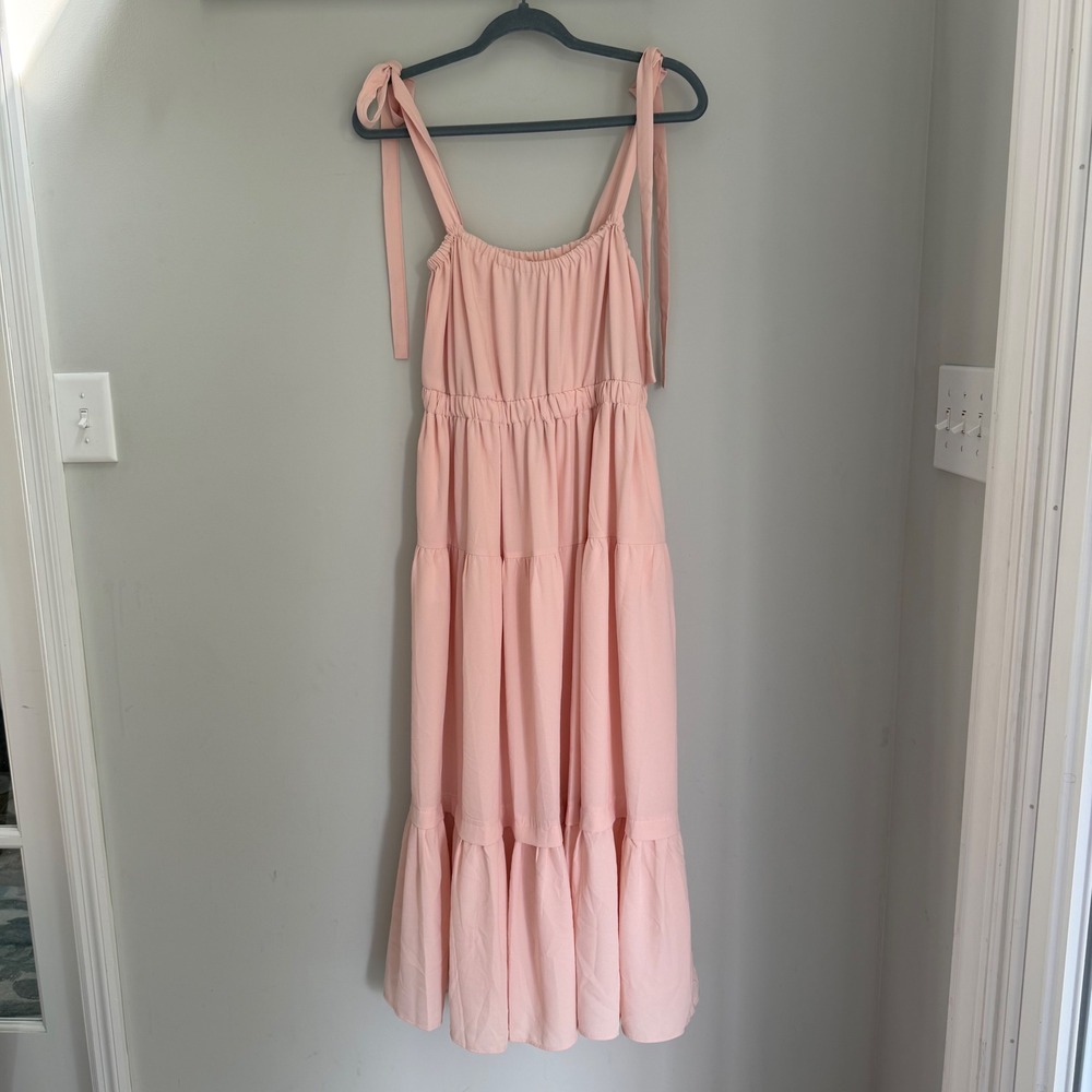 NEW 1. State Maxi Dress Blush Pink Shoulder Ties Tiered Skirt Ruffled Small NWT